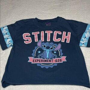 Disney Navy Blue Stitch Graphic Tee with Light Blue and Pink Accents